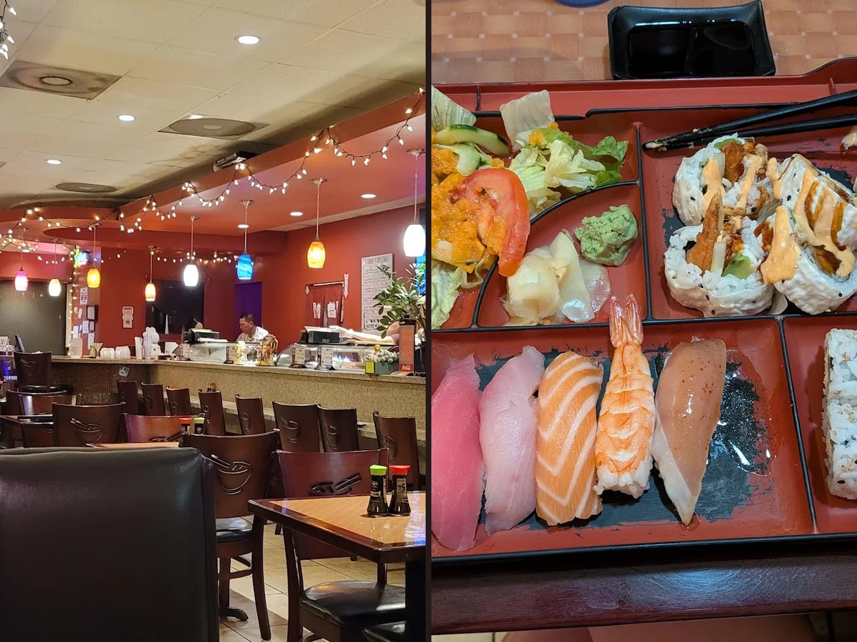 Sushi rolls arranged on a restaurant plate.