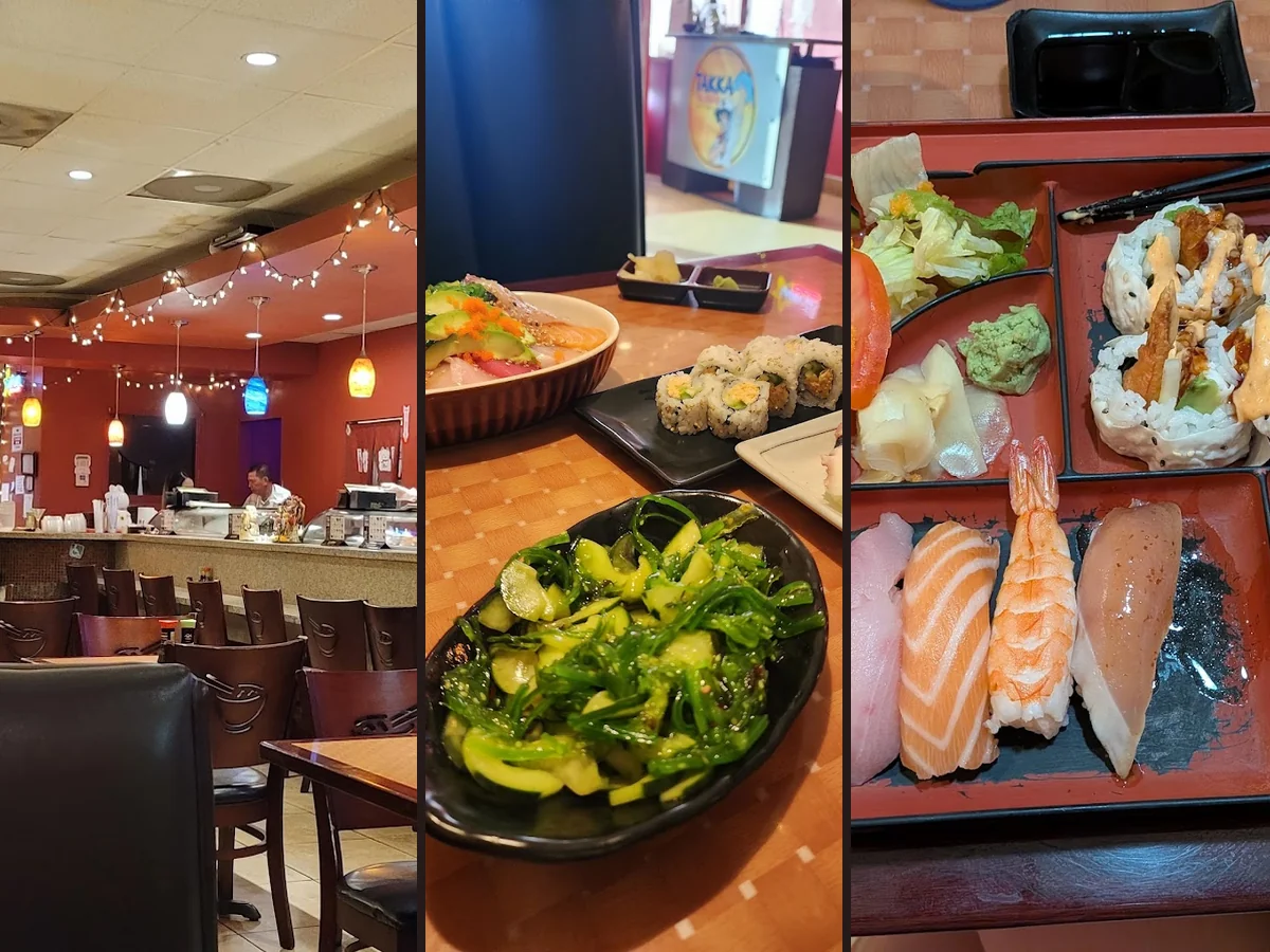 Japanese appetizers and salads on a table.
