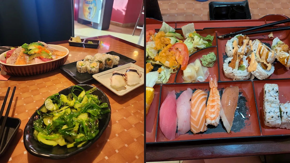 Sushi rolls arranged on a restaurant plate.