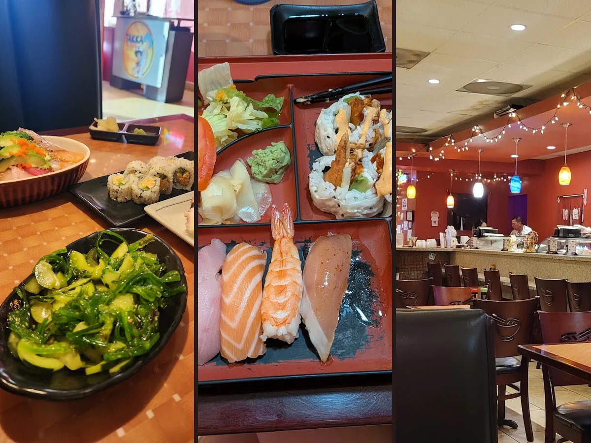 Sushi rolls arranged on a restaurant plate.