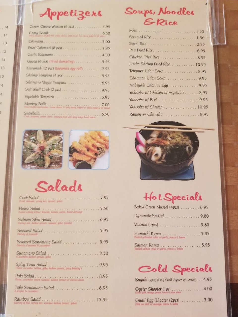 Menu page with appetizers, salads, and soups.