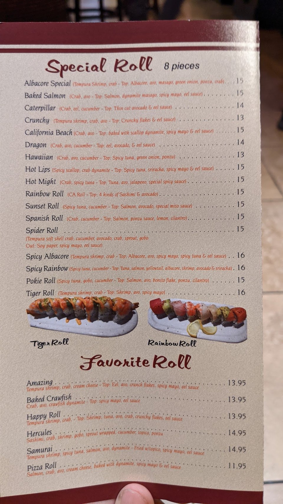 Printed menu with noodles, rice, and hot specials.